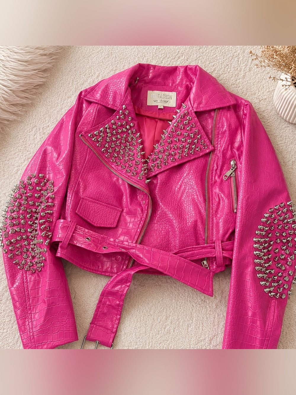 Hot Pink Studded Faux Leather Cropped Moto Jacket